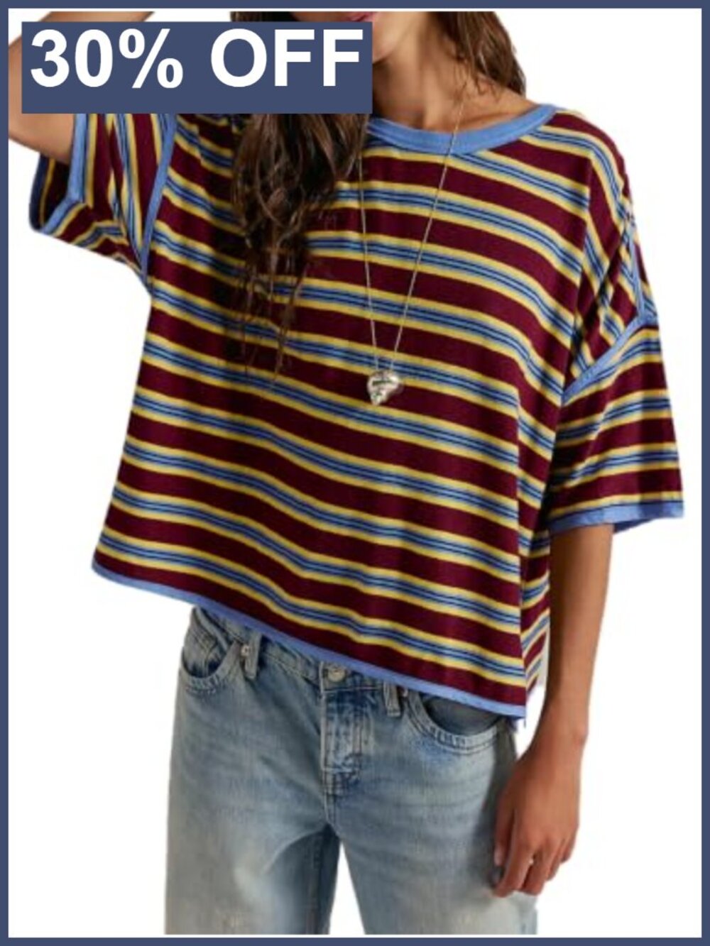 Striped Boxy Short Sleeve Tee in Burgundy and Blue
